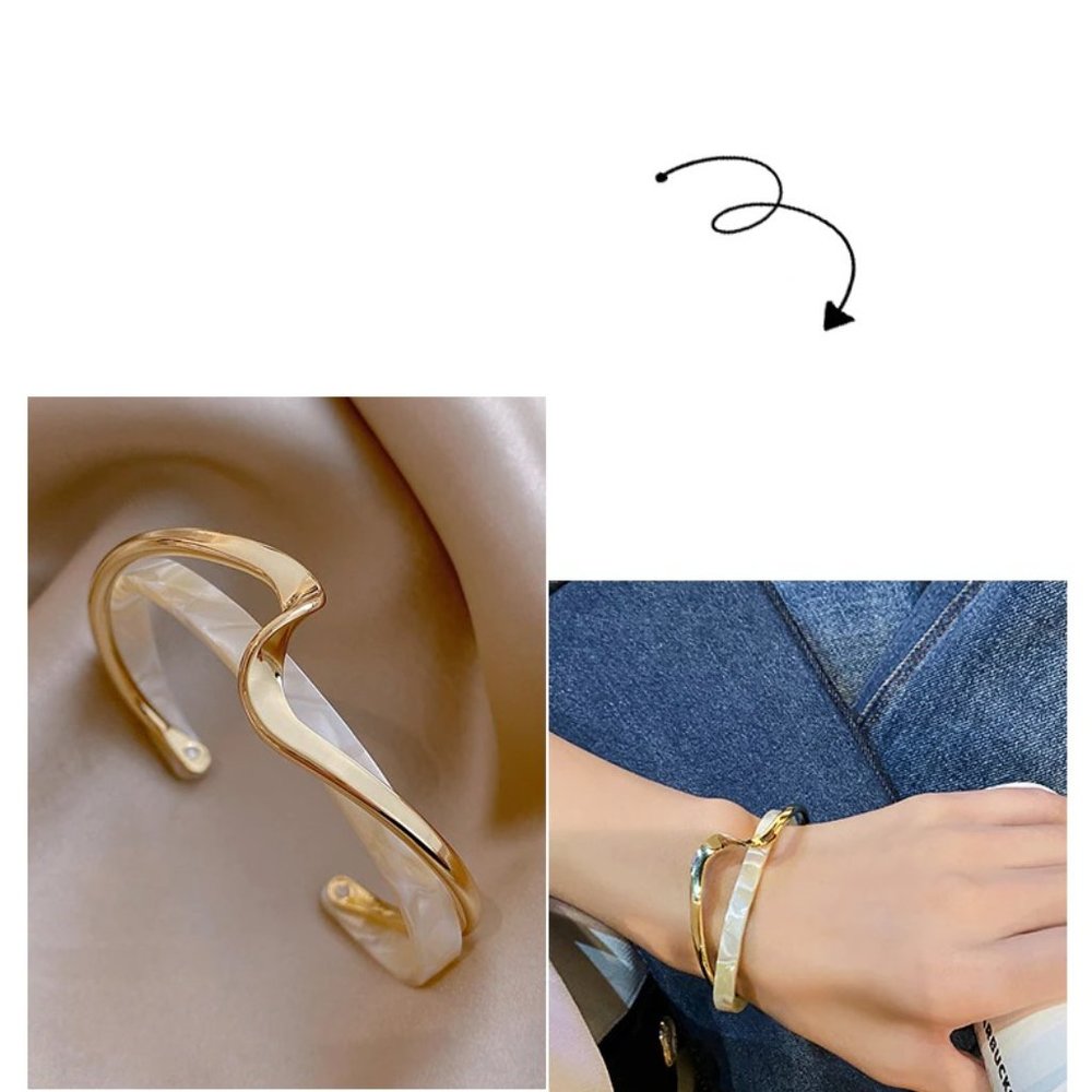 Simple White Gold Shellfish Board Bend Metal Geometric Overlap Bracelet - Picture 2 of 8